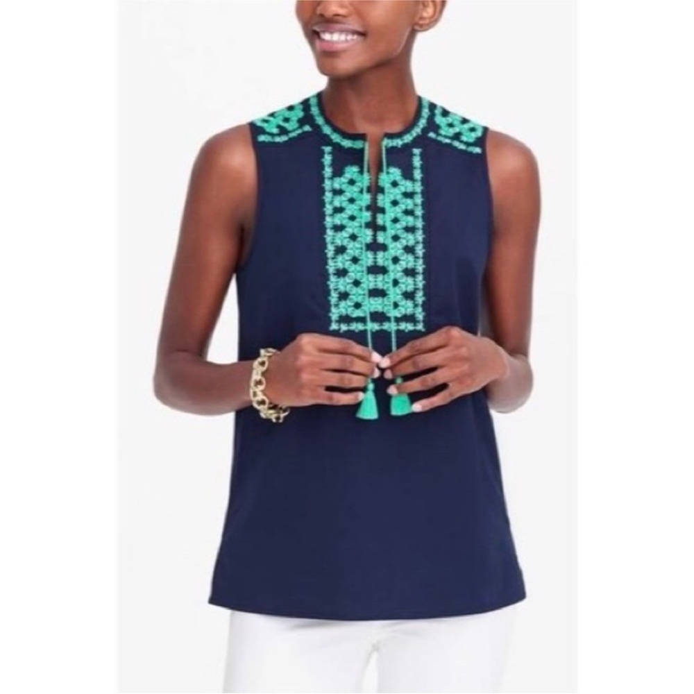 JCREW - Navy & Green Embroidered Tassel Sleeveless Top